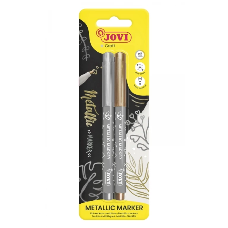 Thumbnail-Jovi Metallic Marker Blister 2 Marcadores metálicos dourados e prateados – Tinta à base de água – Efeito metálico – Ideal para papel escuro – Removível em superfícies não porosas – Fácil limpeza à mão – Várias cores