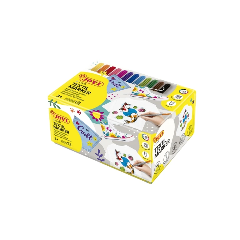Thumbnail-Jovi Textil Caixa com 48 marcadores têxteis – Tinta à base de água – Ponta do pincel – Resistente à lavagem – Secagem rápida – Cores sortidas