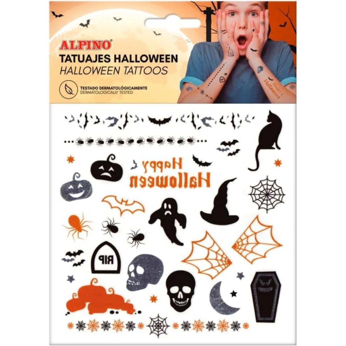 Thumbnail-Alpino Halloween Tattoo Pack – Desenhos aterrorizantes – Cores prata, preto e laranja