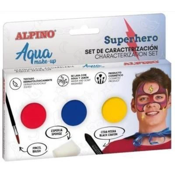 Thumbnail-Conjunto de caracterização de super-heróis Alpino Aqua Make Up – 3 pós + cera preta + pincel + esponja