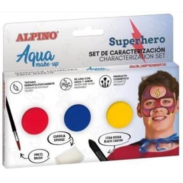 Thumbnail-Conjunto de caracterização de super-heróis Alpino Aqua Make Up – 3 pós + cera preta + pincel + esponja