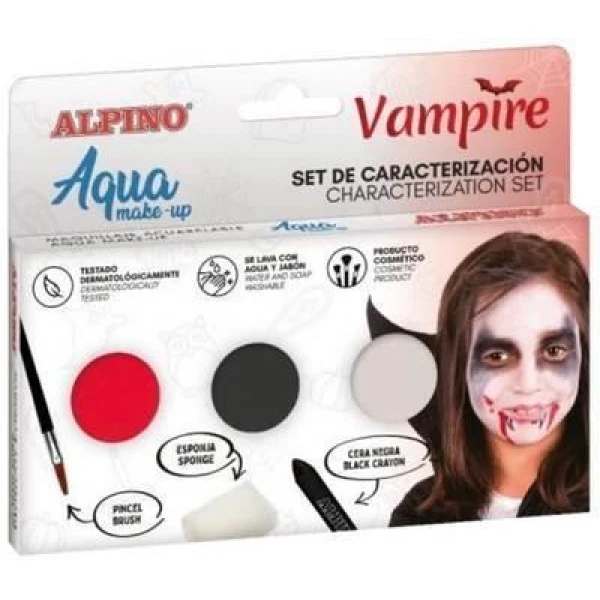 Thumbnail-Conjunto de caracterização de vampiro Alpino Aqua Make Up – 3 pós + cera preta + pincel + esponja