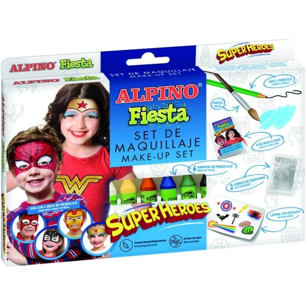 Thumbnail-Pacote de maquiagem Alpino Fiesta Superheroes com 6 bastões de tinta facial + pincel + tatuagens decalque + lápis perfilador e 2 envelopes brilhantes – lava com água – testado dermatologicamente