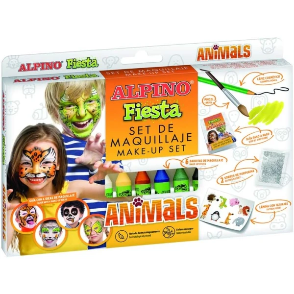 Thumbnail-Pacote de maquiagem Alpino Fiesta Animals com 6 bastões de pintura facial + pincel + adesivos decalque + lápis perfilador e 2 envelopes brilhantes – lava com água – testado dermatologicamente