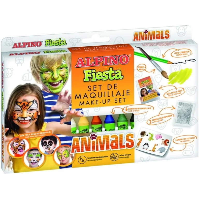 Thumbnail-Pacote de maquiagem Alpino Fiesta Animals com 6 bastões de pintura facial + pincel + adesivos decalque + lápis perfilador e 2 envelopes brilhantes – lava com água – testado dermatologicamente