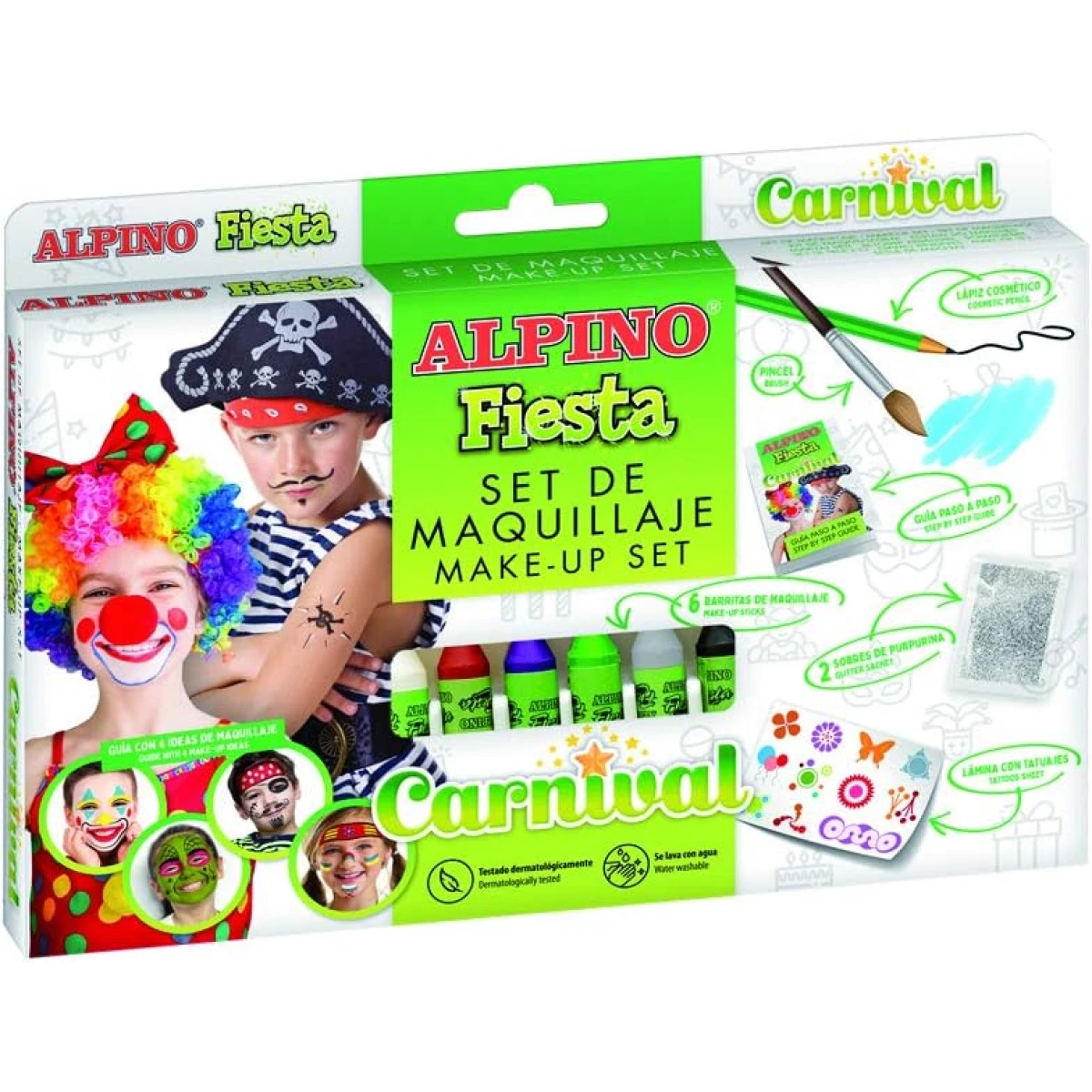 Thumbnail-Pacote de maquiagem Alpino Fiesta Carnival com 6 bastões de pintura facial + pincel + tatuagens decalque + lápis perfilador e 2 envelopes brilhantes – lava com água – testado dermatologicamente