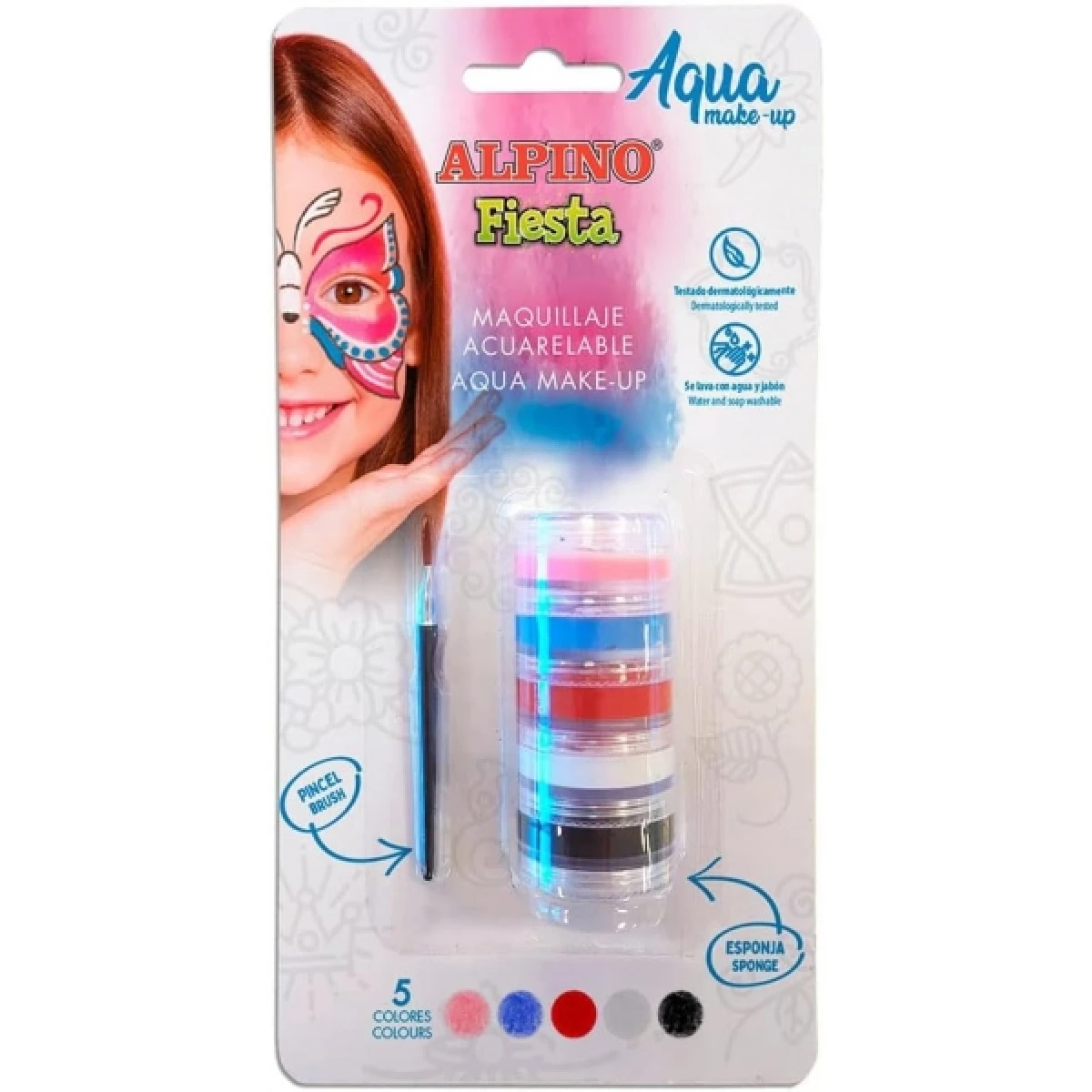 Thumbnail-Alpino Fiesta Aqua Make-up Pack Torre de Maquiagem Facial Acuareble com 5 Cores Diferentes + Pincel + Esponja – Lava com Água e Sabão – Testado Dermatologicamente – Cores Sortidas