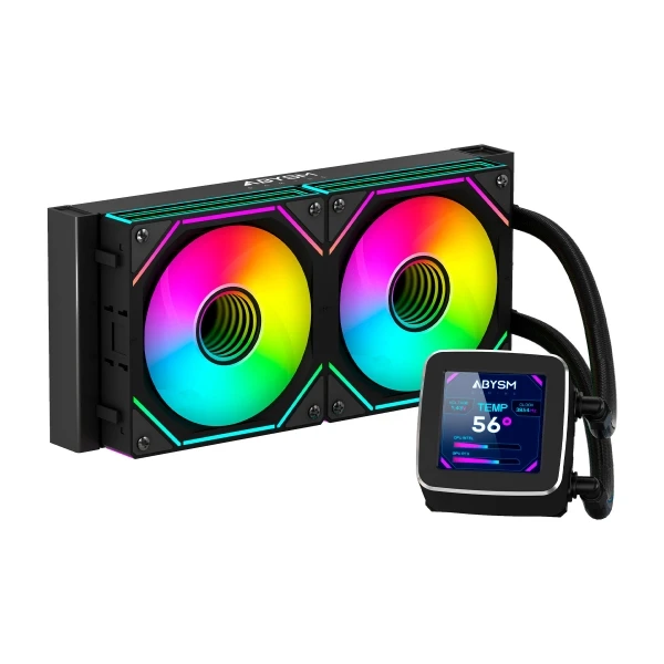 Thumbnail-Kit de resfriamento líquido Abysm Oceanic LCD 240 ARGB – 2 ventoinhas de 120 mm – Iluminação ARGB – Tela LCD de 2,8″ – Bomba de 2500 rpm – Tubos de 350 mm – Cor preta