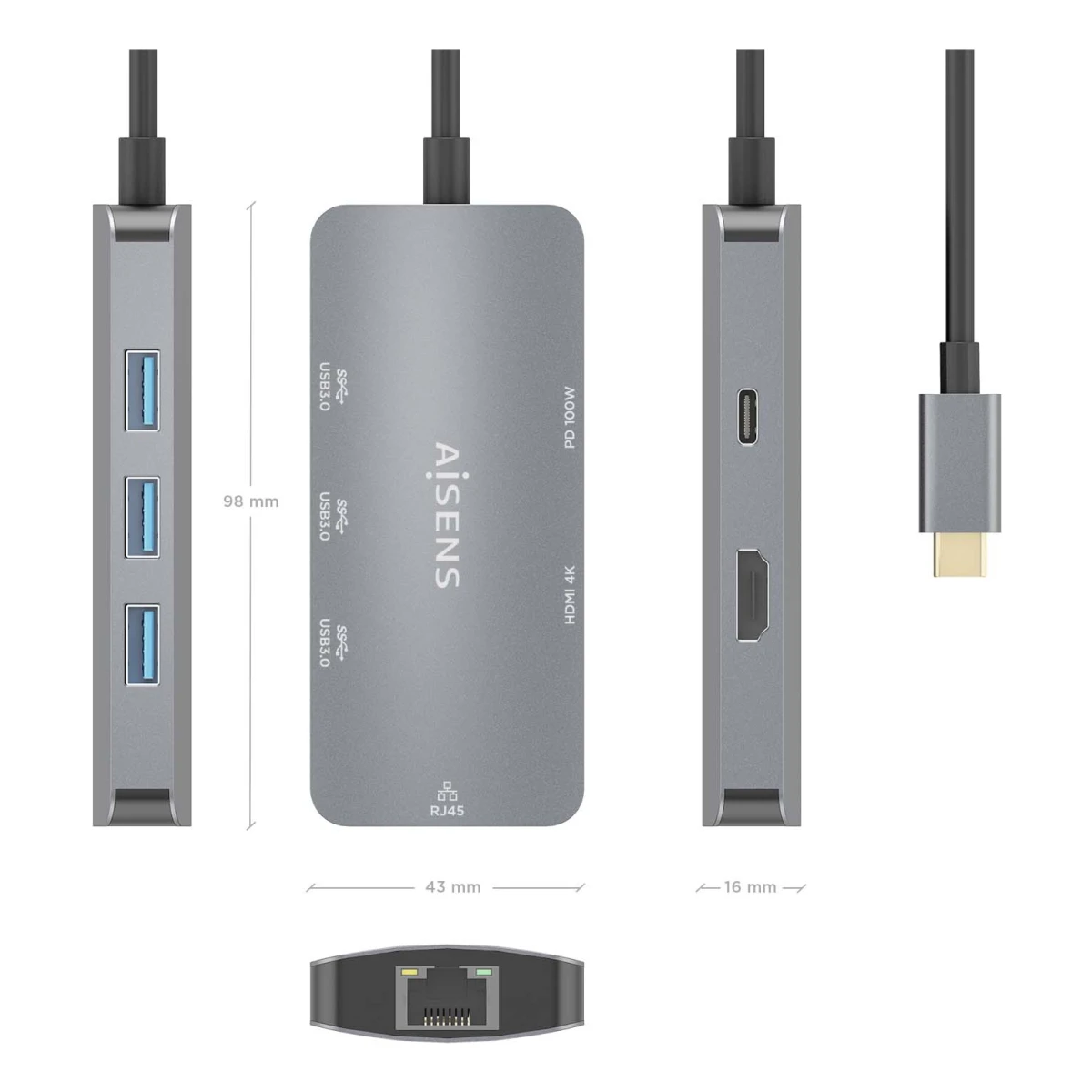 Galery – AISENS ASUC-6P019-GR base & duplicador de portas Com fios USB 3.2 Gen 1 (3.1 Gen 1) Type-C Cinzento0