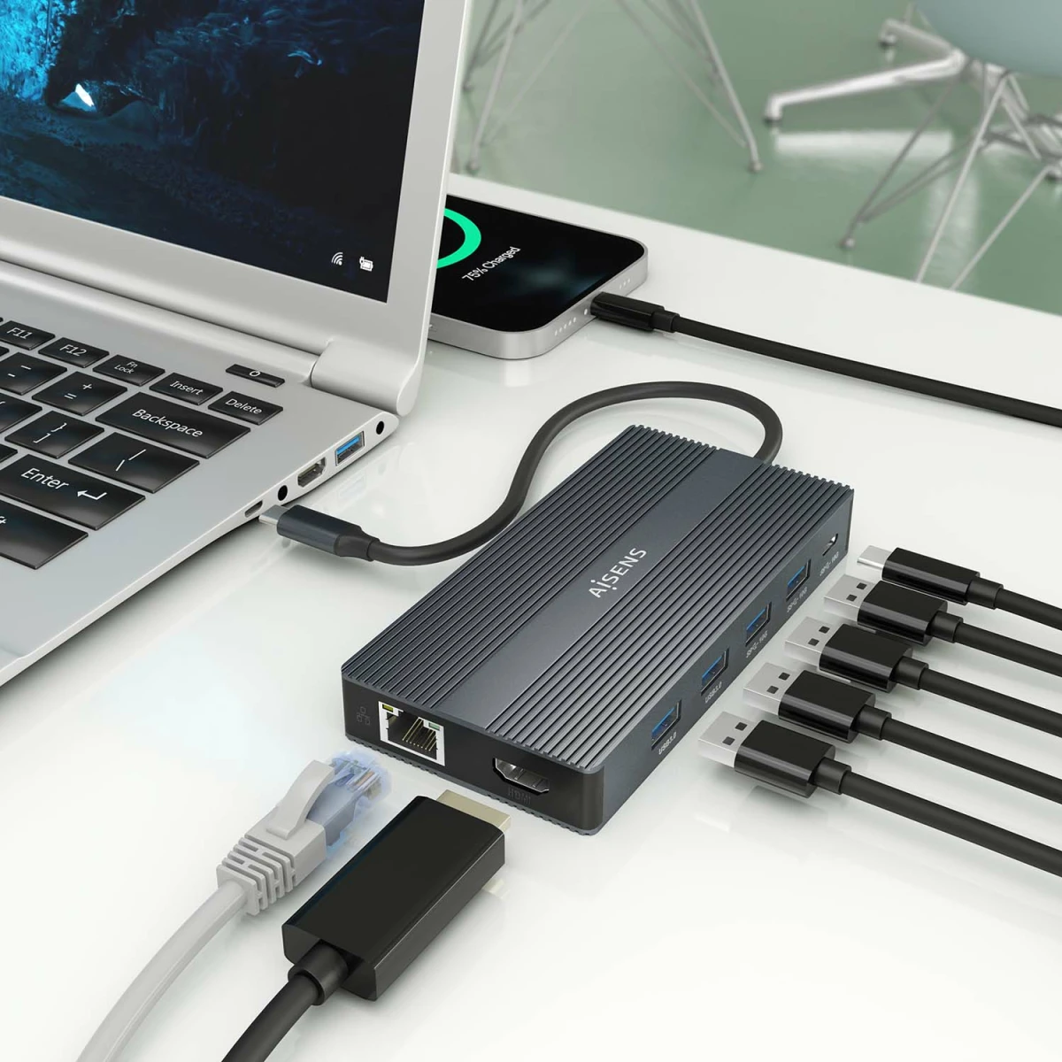 Galery – AISENS ASUC-12P017-GR base & duplicador de portas Com fios USB 3.2 Gen 1 (3.1 Gen 1) Type-C Cinzento0