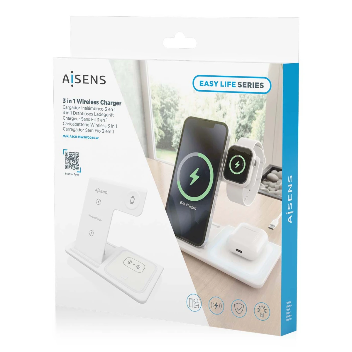 Galery – AISENS ASCH-15W3WC044-W carregador de dispositivos móveis Auscultadores, Telemóvel, Smartphone, Smartwatch Branco USB Carregamento wireless Interior0