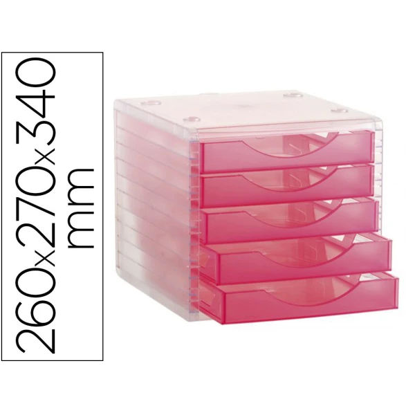 Bloco classificador de secretaria liderpapel empilhaveis 5 gavetas rosa translucido 340x270x255 mm