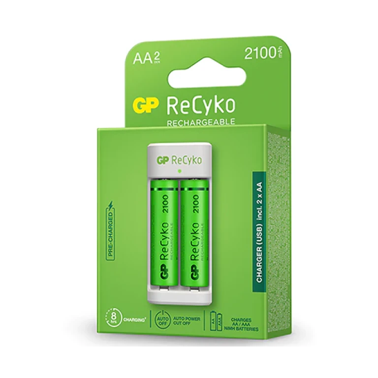 Carregador para pilhas recarregaveis gp aa/aaa inclui 2 pilhas aa 2100 mah entrada usb