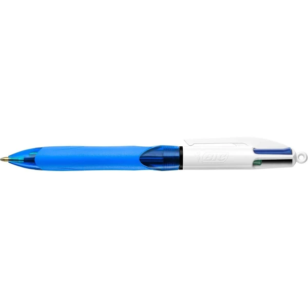 Caneta Esferográfica Retrátil Bic 4 Cores Grip com Grip - Ponta Média de 1mm - Curso de 0,4mm - Tinta Base de Óleo - Corpo Branco/Azul Transparente - 4 Cores