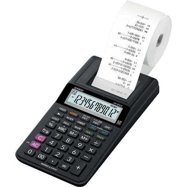 Calculadora de impressora de sobremesa compacta Casio HR-8RCE - Display de 12 dígitos - Impressão de 2 linhas por segundo - Cor preta