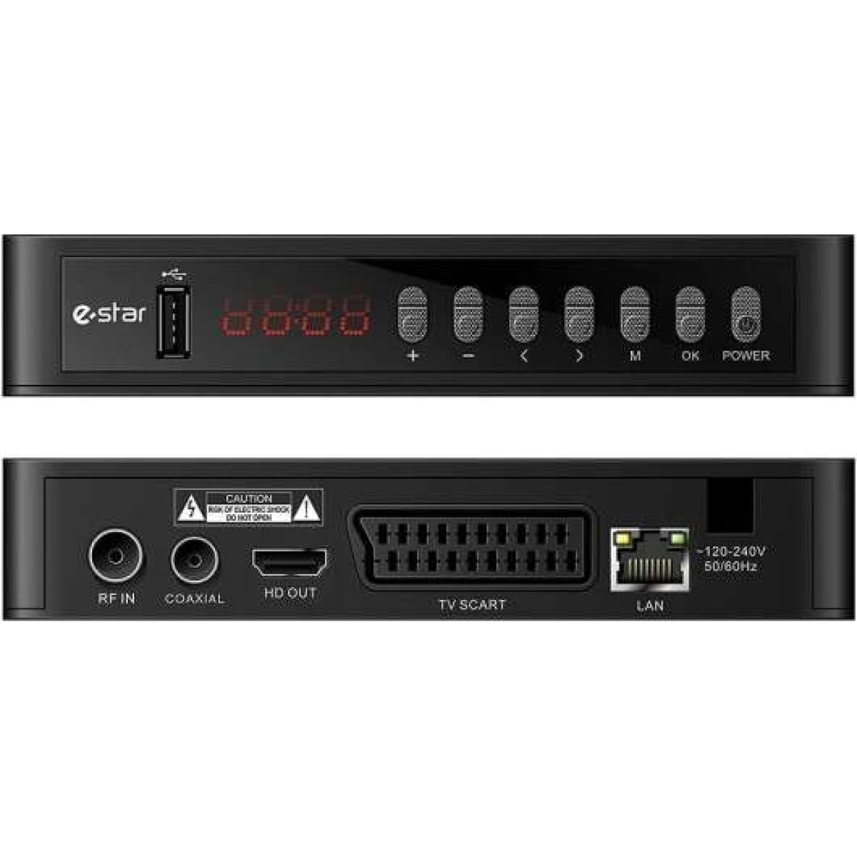 Sintonizador digital E-Star DTT - Suporta configuração de largura de banda de canal de 7/8 MHz - Mudança automática PAL e NTSC - Vários idiomas - HDMI, USB, RJ-45