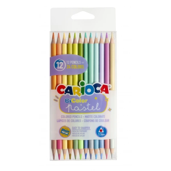 Carioca Pacote Bicolor com 12 Lápis - 24 Cores Pastel - Corpo Triangular - Cores Brilhantes e Laváveis - Escrita Suave - Cores Diversas