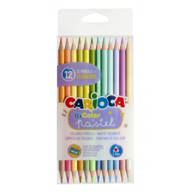 Carioca Pacote Bicolor com 12 Lápis - 24 Cores Pastel - Corpo Triangular - Cores Brilhantes e Laváveis - Escrita Suave - Cores Diversas