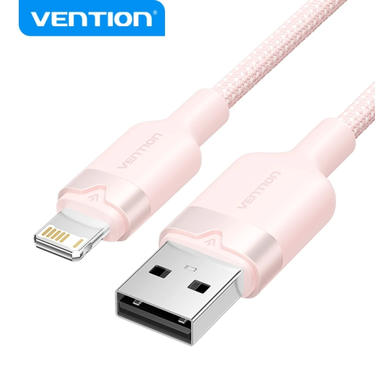 Thumbnail-Cabo de carregamento Vention USB-A/Lightning – Alumínio e algodão trançado – 480Mbps – 2,4A – 2m – Cor rosa
