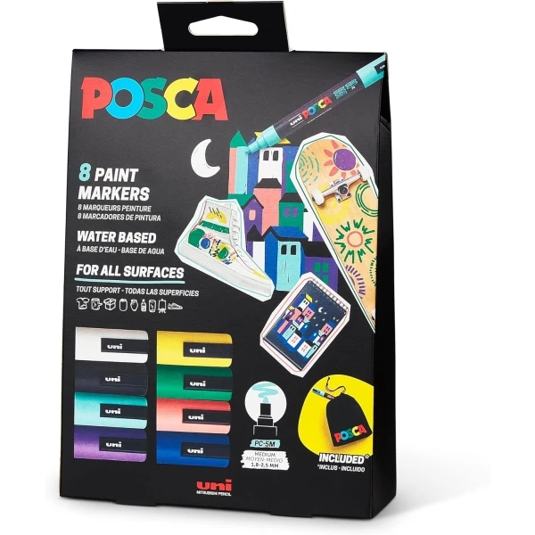 Posca Pacote de edição limitada de 8 marcadores de tinta PC5M + saco de pano para presente - ponta redonda 1,8-2,5 mm - tinta à base de água - cores sortidas