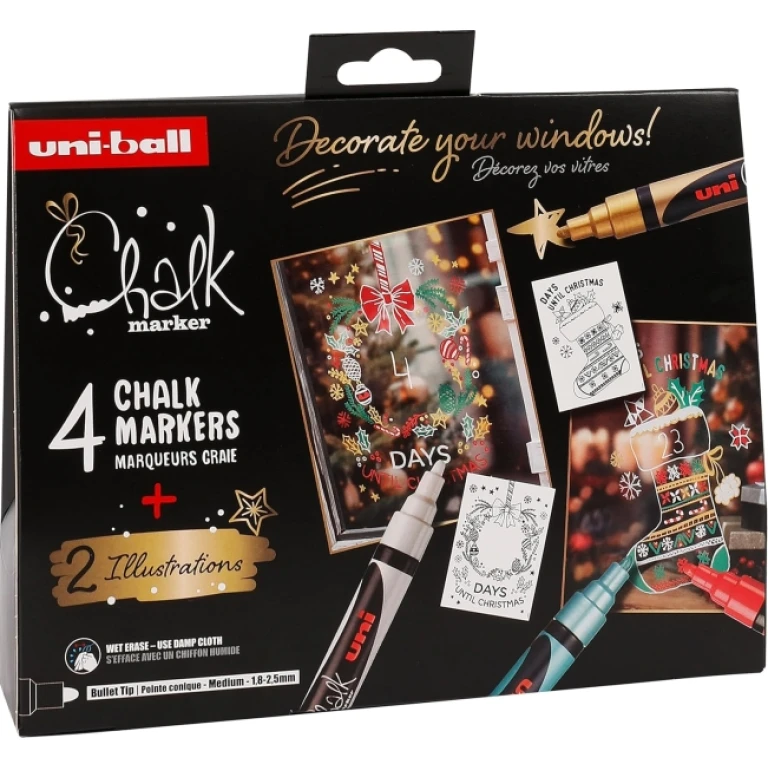 Uni-ball Chalk Colores Navidad Pacote de 4 marcadores de giz líquido + pôsteres - Ponta cônica 1,8-2,5 mm - Apagável úmido - Resistente à chuva - Cores sortidas