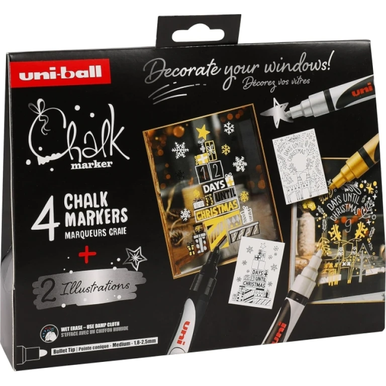 Uni-ball Chalk Scandinavian Colors Pacote de 4 marcadores de giz líquido + pôsteres - Ponta cônica 1,8-2,5 mm - Apagamento úmido - Resistente à chuva - Cores sortidas