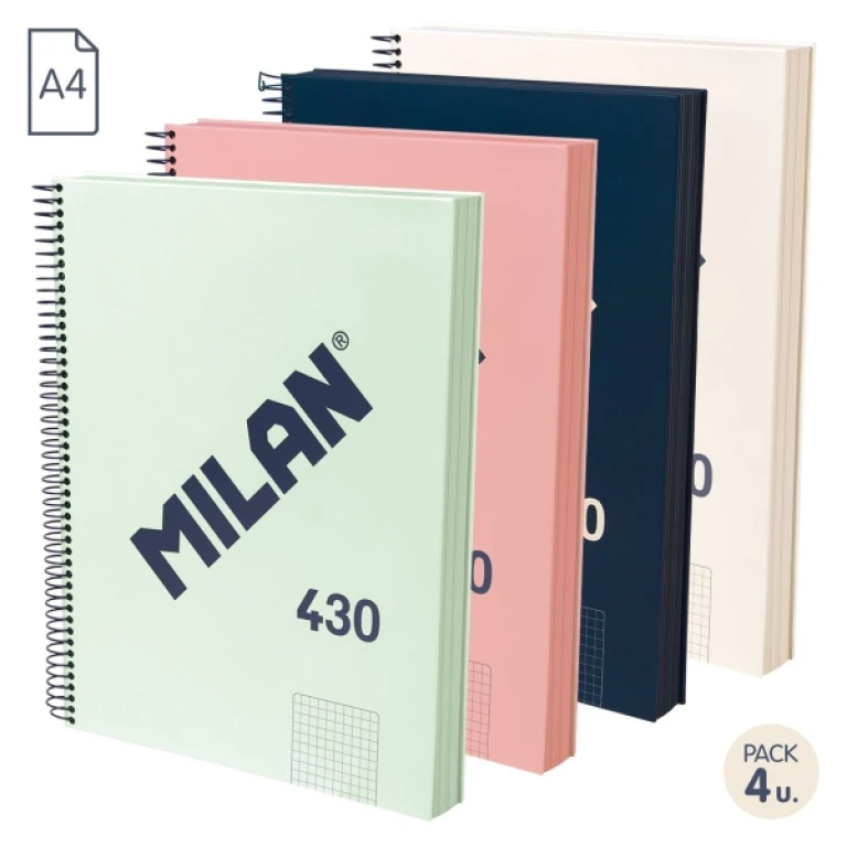 Milan Series 1918 Pacote de 4 Cadernos Espiral Formato A4 Quadricula 5x5mm - 120 Folhas de 95 gr/m2 - Microperfurado, 4 Brocas - Cores Sortidas