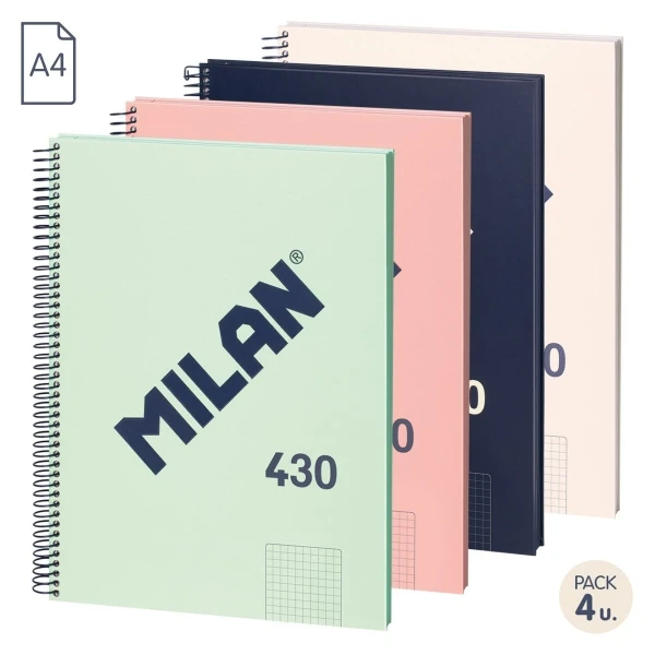 Milan Series 1918 Pacote de 4 Cadernos Espiral Formato A4 Grade 5x5mm - 80 Folhas de 95 gr/m2 - Microperfurado, 4 Brocas - Cores Sortidas