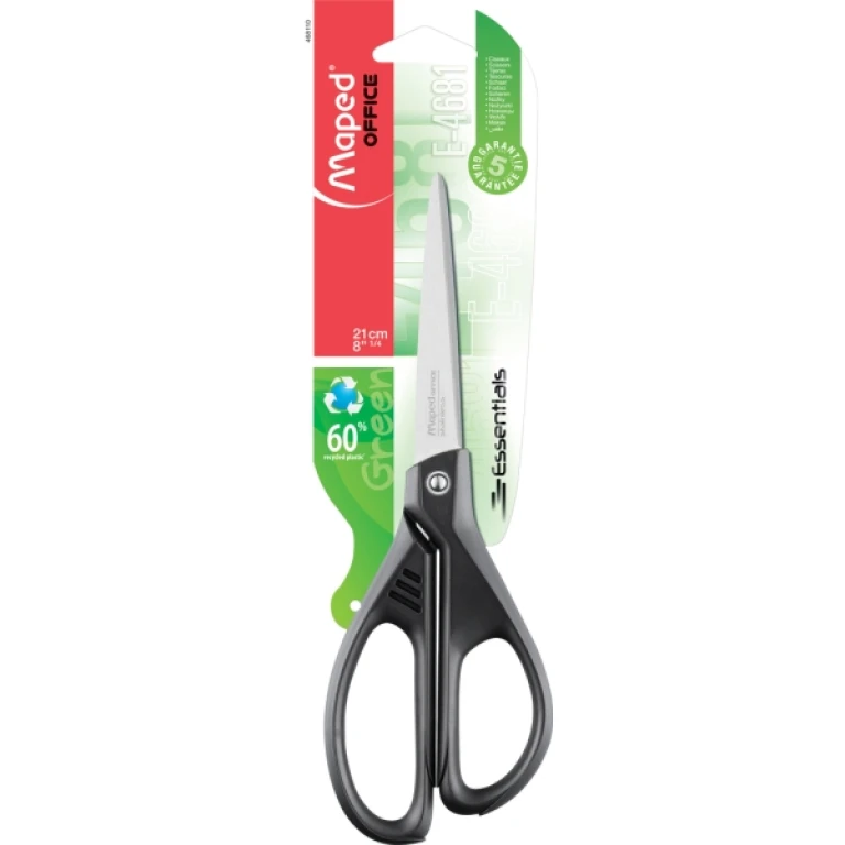 Tesoura de aço inoxidável Maped Essentials 21cm assimétrica - Lâminas afiadas - Cabos de plástico 60% reciclado - Cor preta