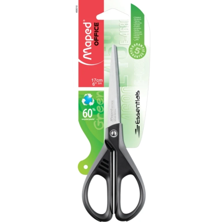 Tesoura de aço inoxidável Maped Essentials 17cm simétrica - Lâminas afiadas - Cabos de plástico 60% reciclado - Cor preta
