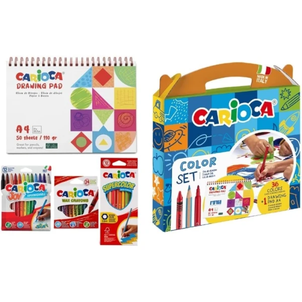 Conjunto Carioca Color Set com 12 Ceras, 12 Marcadores e 12 Lápis de Cor + Bloco de Desenho A4 - Cores Sortidas