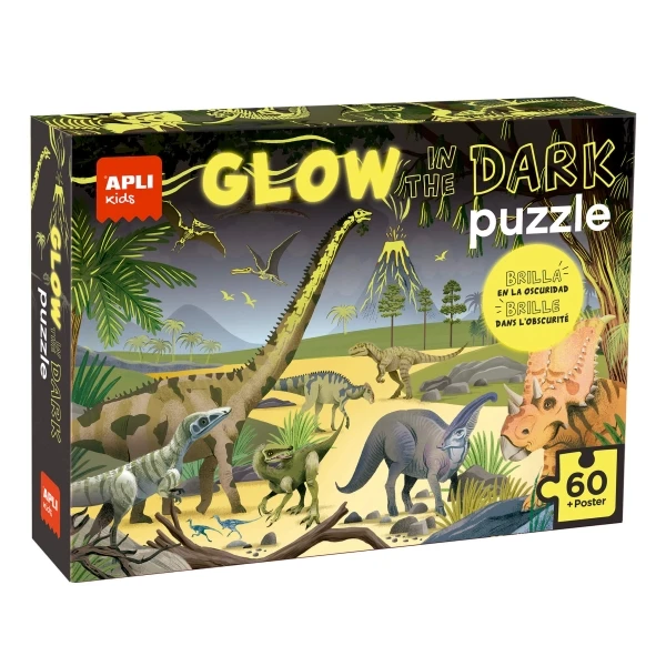 Quebra-cabeça Fluorescente Apli Glow in the Dark de 60 Peças 6x6cm - Tema Dinossauro - Efeito Fluorescente que Revela Desenhos Escondidos - Pôster para Facilitar a Montagem - Recomendado para Crianças a partir de 4 Anos