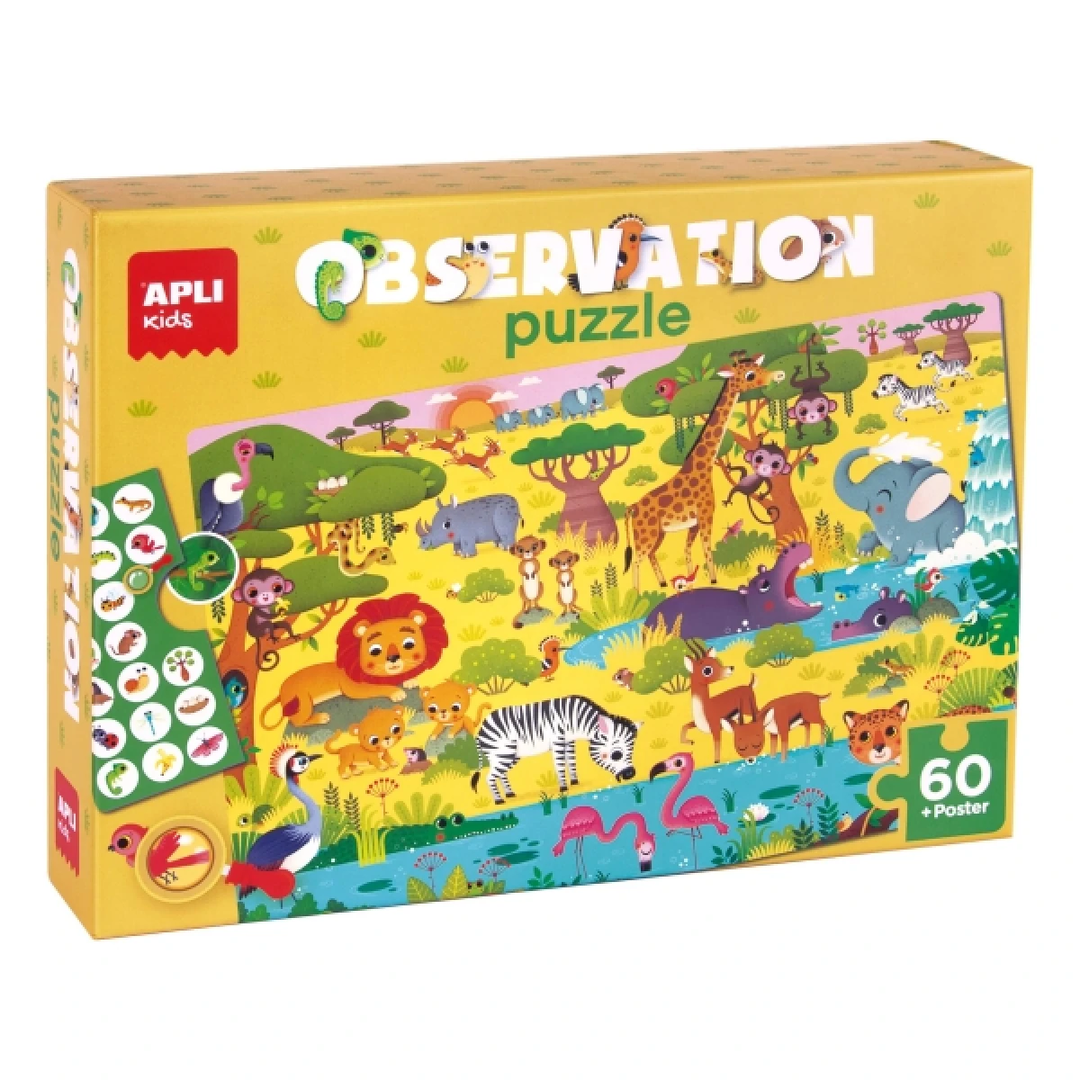 Apli Puzzle Observação Junior Jungle de 60 Peças de 6x6cm - Inclui Pôster e 1 Cartão com Objetos Diferentes - Desenvolve Concentração, Observação e Memória - Recomendado para Crianças a partir de 4 Anos