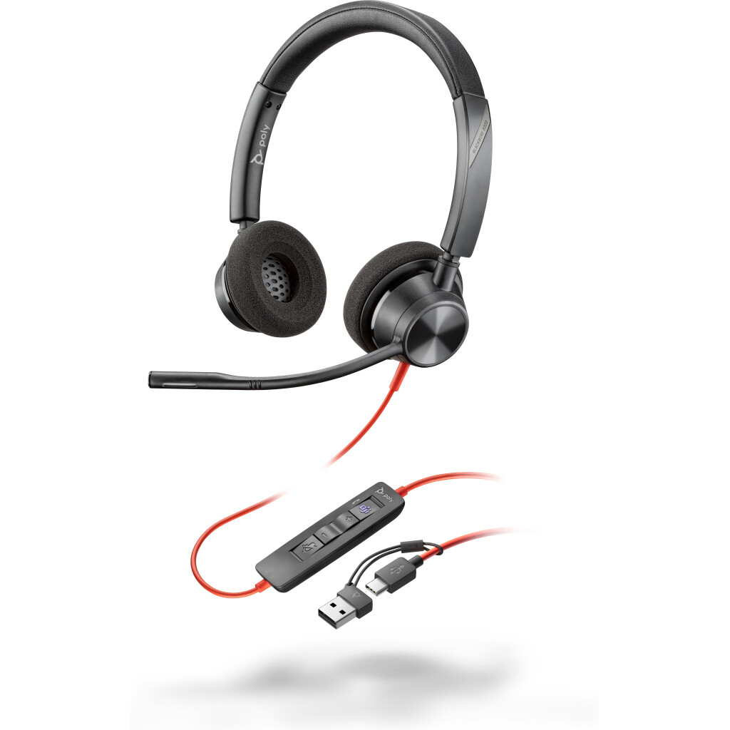 POLY Headset Estéreo Blackwire 3320 com USB-C certificado para Microsoft Teams + Adaptador USB-C/A