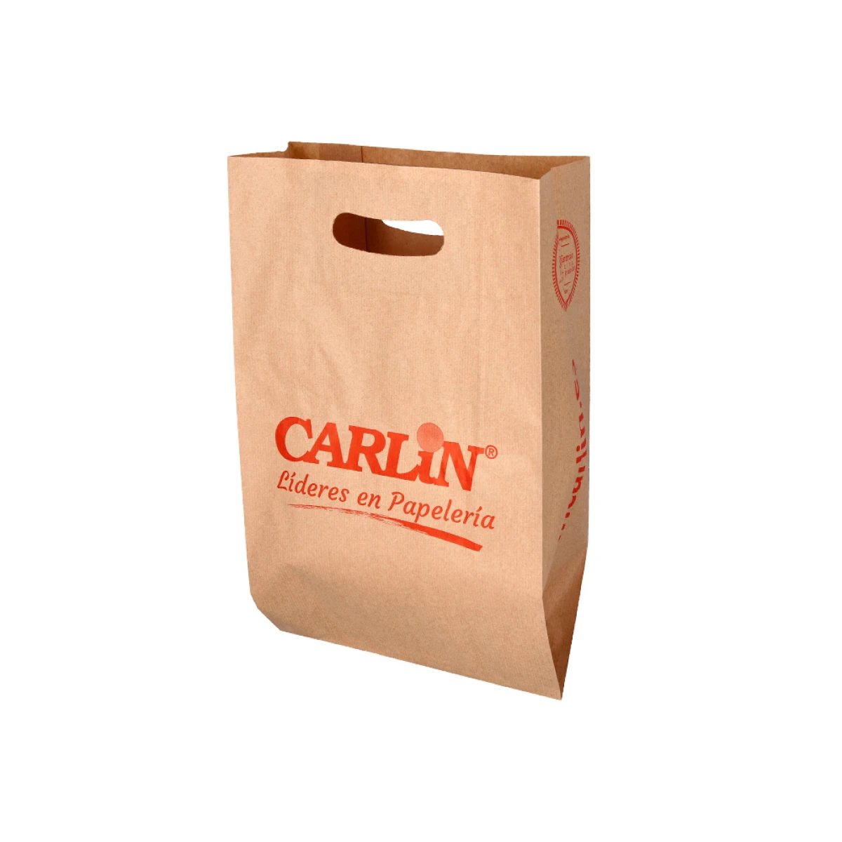 Bolsa kraft verjurado asa troquelado carlin 24x43+10 cm 60 gr caja de 500 unidades