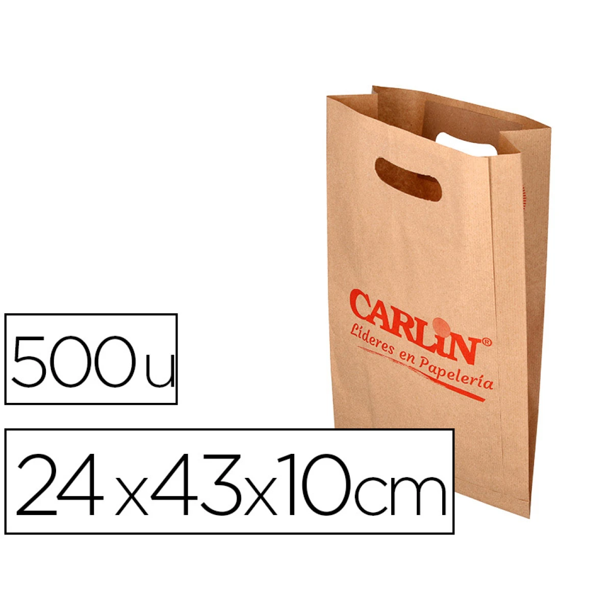 Bolsa kraft verjurado asa troquelado carlin 24x43+10 cm 60 gr caja de 500 unidades