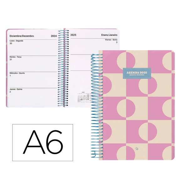 Agenda espiral liderpapel classic a6 2025 semana vista cor rosa papel 70 gr