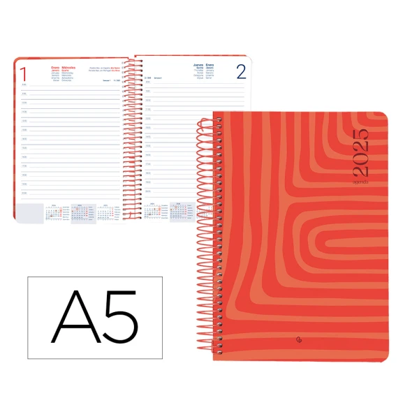 Agenda espiral liderpapel syros a5 2025 dia pagina cor vermelho papel 60 gr