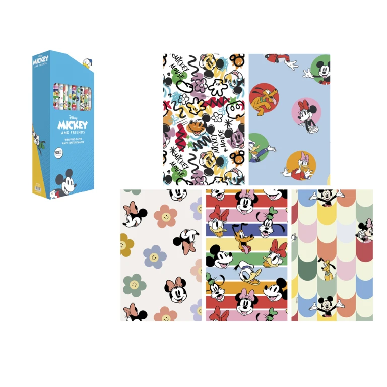 Papel fantasia basika disney mickey and friends rolo largura 70 cm comprimento 2 mt desenhos sortidos gramagem 60 gr - 50 unidades
