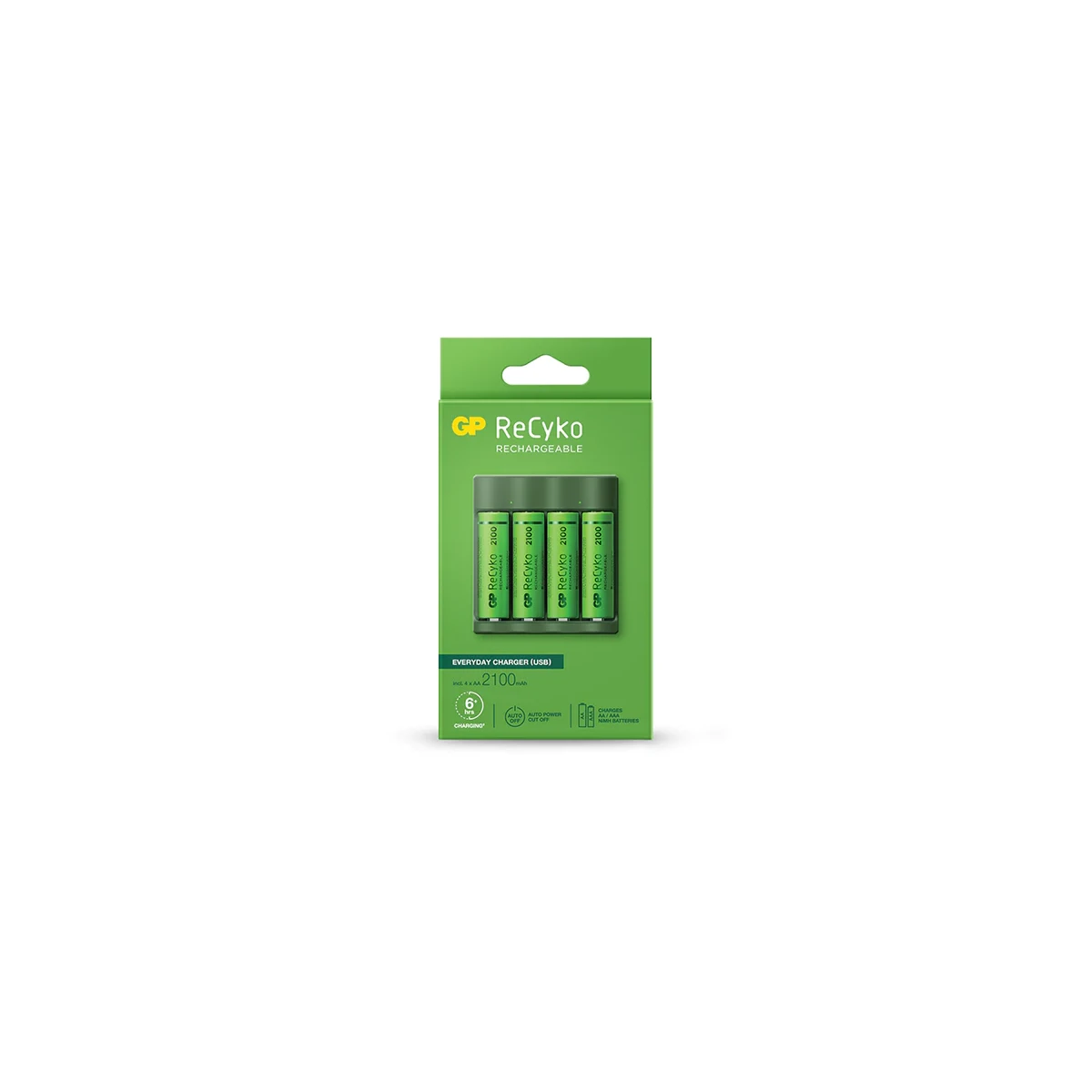 Pacote de carregador USB Everyday GP ReCyko B421 4 espaços + 4 baterias recarregáveis 2100mAh AA