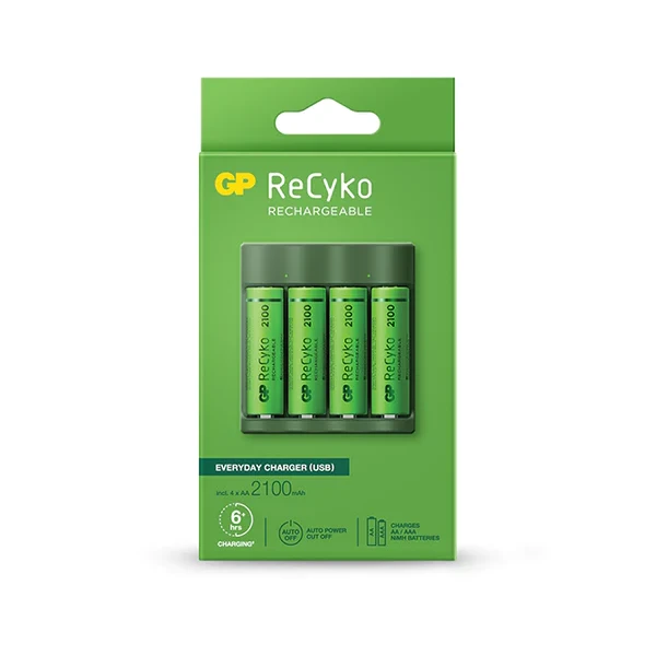 Pacote de carregador USB Everyday GP ReCyko B421 4 espaços + 4 baterias recarregáveis 2100mAh AA