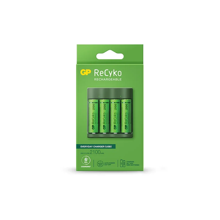 Pacote de carregador USB Everyday GP ReCyko B421 4 espaços + 4 baterias recarregáveis 2100mAh AA