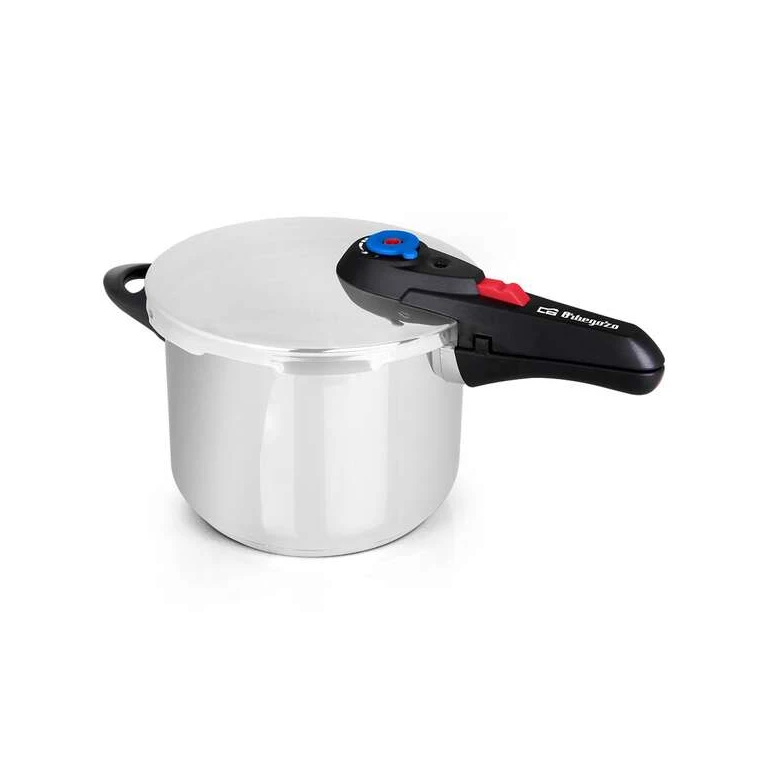 Panela de pressão Orbegozo HP 8006 em aço inoxidável 18/10 - Capacidade 8 litros - Cinco sistemas de segurança - Fundo termodifusor - Adequado para todos os tipos de incêndios - Preserva vitaminas e sabores