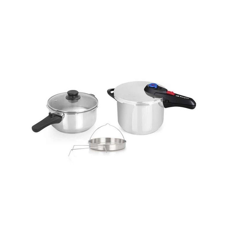 Panela rápida de aço inoxidável Orbegozo HP 4566 - Duas panelas com sistema de segurança - Fundo difusor térmico - Seletor de pressão gradual - Acessório para cozinhar a vapor