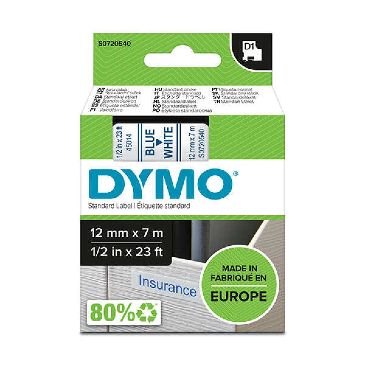 Fita dymo 1000 azul-branco. 12mm x 7mt d1