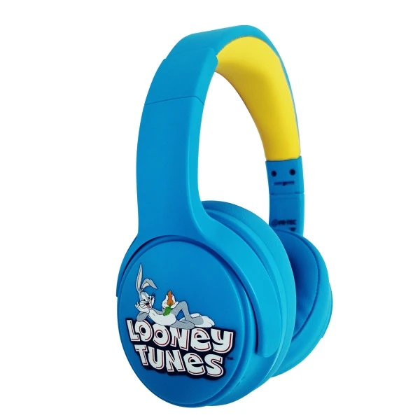 Fones de ouvido Bluetooth para jogos FR-TEC Looney Tunes com microfone integrado - Limitação de 85dB - Faixa de cabeça ajustável - Almofadas acolchoadas - Cor azul/amarelo