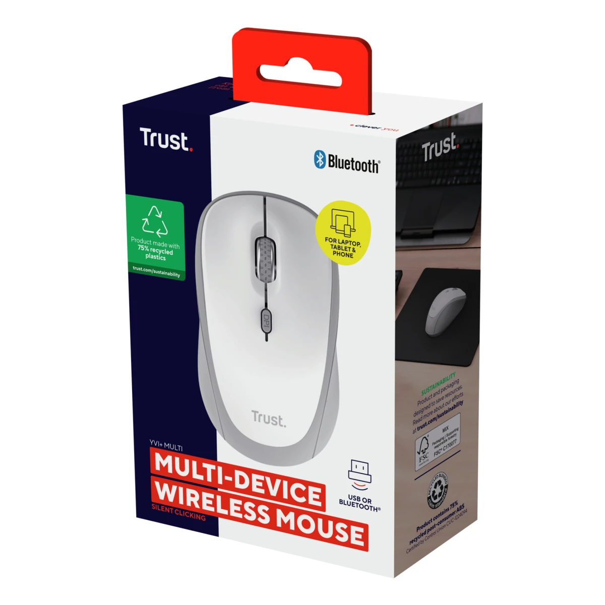 Trust Yvi+ rato Universal Ambidestro RF Wireless + Bluetooth Ótico 1600 DPI