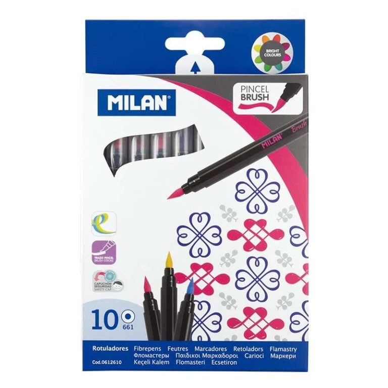 Pacote Milan de 10 Marcadores com Ponta Pincel - Traço de 0,5 a 4mm - Tinta à Base de Água - Miscíveis entre si - Cores Sortidas