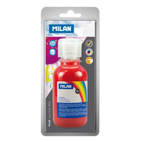 Frasco Milan Tempera 125 ml - Secagem Rápida - Tampa Dosadora - Misturável - Cor Vermelho Vermelhão