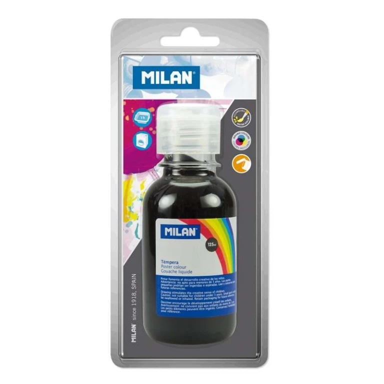 Garrafa Milan Tempera 125 ml - Tampa Dosadora - Secagem Rápida - Misturável - Cor Preto